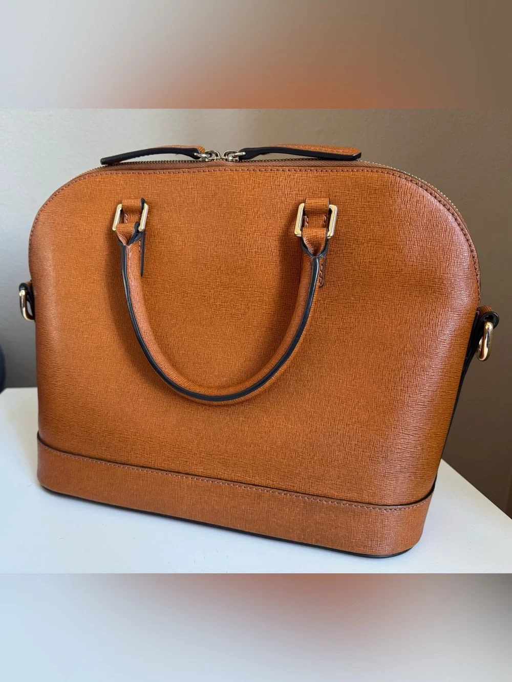 Authentic Dooney & Bourke Saffiano Domed Zip Satchel in Camel